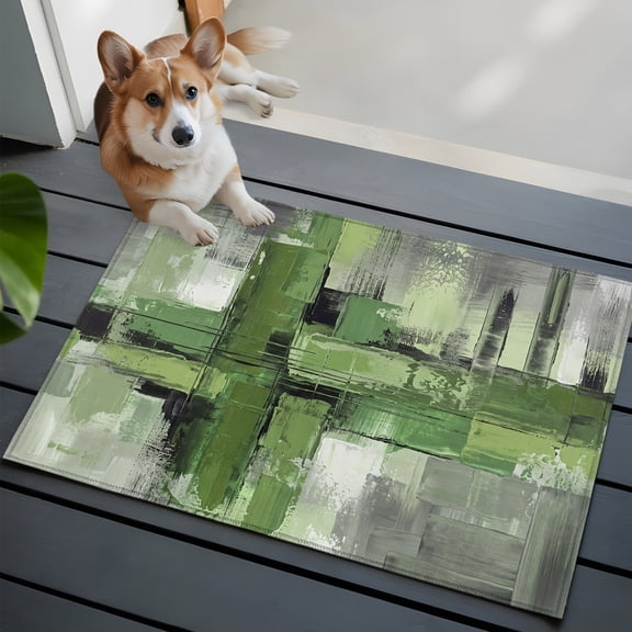Abstract Oil Paint Front Door Rugs 2x3ft Olive Green Graffiti Distressed Color Block Washable Rug, Non Slip Indoor Carpet Absorbent Floor Mat for Living Room Bedroom Dining Room