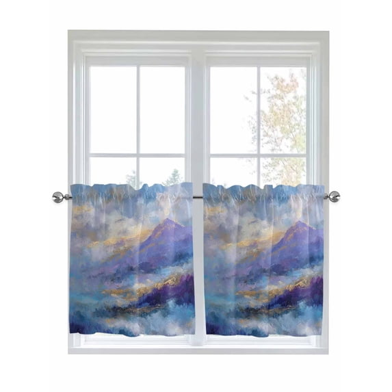 Abstract Oil Painting 2 Panel Kitchen Curtains for Small Windows, Vintage Modern Art Forest Mountain Bathroom Tier Curtain, Short Window Treatment for Bedroom/Living Room 55"x36"