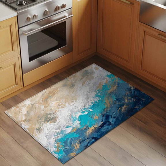 Abstract Oil Painting 2x3 Rug for Entryway Front Door Kitchen Sink Area, Retro Beige Blue Ombre Mottled Texture Low Pile Washable Non Slip Rectangle Area Rug