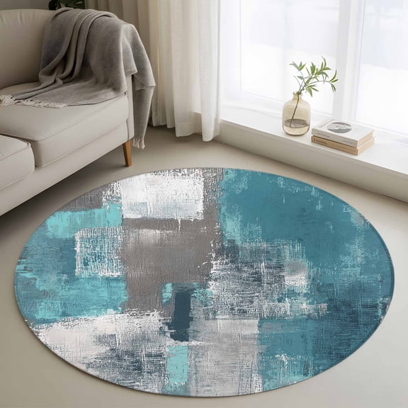 Abstract Oil Painting 3FT Round Area Rugs for Living Room Square Blue Green Smear Ultra-Thin Non-Slip Round Rugs Machine Washable Low Pile Circle Carpet for Bedroom Kitchen Nursery