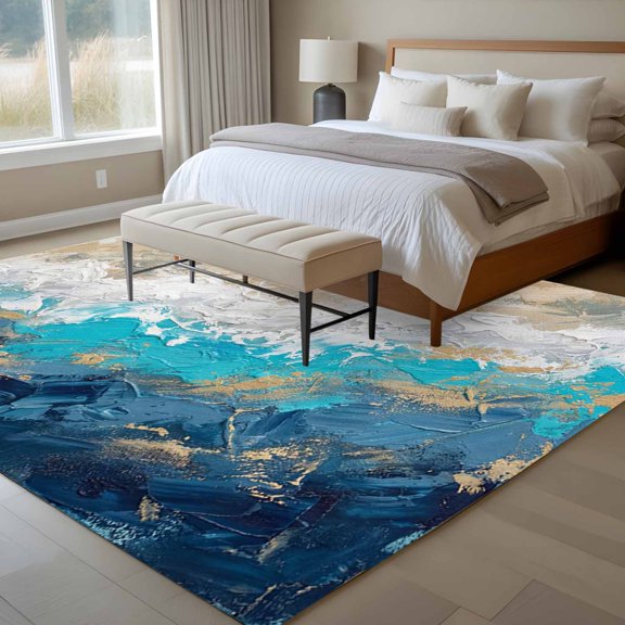 Abstract Oil Painting 6x9 Rug for Dining Room Table and Chair Setup, Retro Beige Blue Ombre Mottled Texture Low Pile Washable Non Slip Rectangle Area Rug