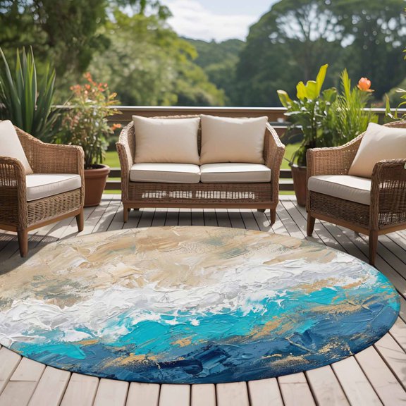 Abstract Oil Painting 8ft Round Rug for Open Concept Living Room Seating Zone, Retro Beige Blue Ombre Mottled Texture Washable Non Slip Large Circle Area Rug
