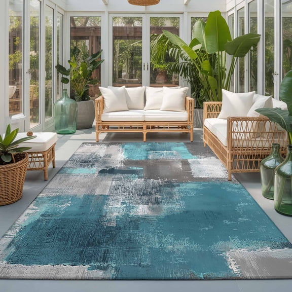 Abstract Oil Painting 9'x12' Large Area Rugs Square Blue Green Smear Washable Area Rugs Non-Slip Indoor Floor Mats Large Carpet for Living Room Bedroom Dining Room