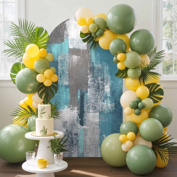 Abstract Oil Painting Arch Backdrop Cover, 6.6FT, Square Blue Green Smear Spandex Arch Covers Double-Sided Backdrop for Wedding Birthday Party Photo Background Decoration