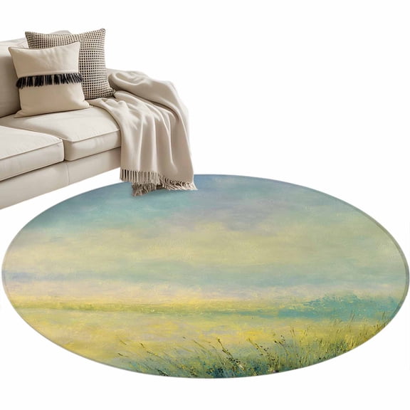 Abstract Oil Painting Area Rug, Green Yellow Gradient Grass Field Scenery Watercolor Washable Large Circle Carpet, Non Slip Round Rug for Living Room/Bedroom/Dining Room/Home Office/Dorm