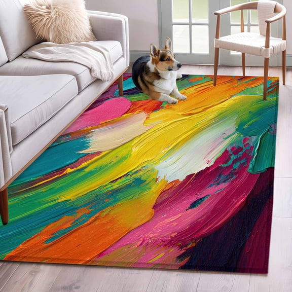 Abstract Oil Painting Area Rugs 3x5 ft Rainbow Pigment Art Washable Rug Non Slip Indoor Carpet Absorbent Floor Mat for Living Room Bedroom Dining Room