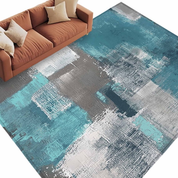 Abstract Oil Painting Area Rug 6x9ft Square Blue Green Smear Non-Slip ...