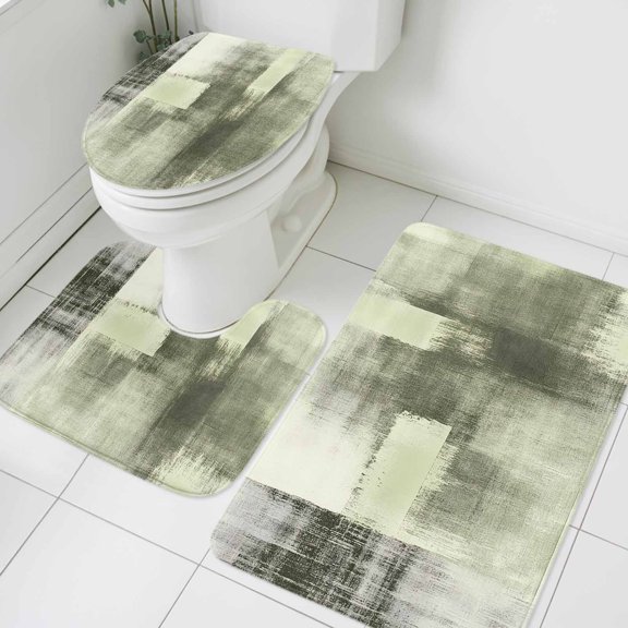 Abstract Oil Painting Bathroom Rugs Set Retro Green Collage Texture Non Slip Absorbent Soft Bath Mats 3 Piece Set with Bathroom Rug, U-Shaped Floor Mat, Toilet Seat Cover Large Size
