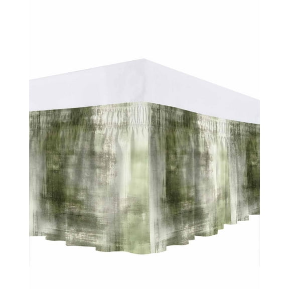 Abstract Oil Painting Bed Skirt Queen Size 16" Drop Vintage Green Collage Texture Ruffled Wrap Around Bed Skirts Adjustable Elastic Bedskirt Dust Ruffle for Queen Size Bed