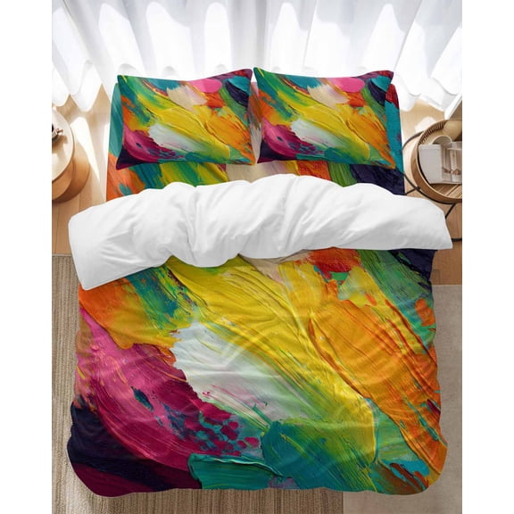 Abstract Oil Painting Bedding Duvet Cover Set Queen Size 4 Pieces Rainbow Pigment Art Bedding Set with Zipper Closure, 1 Comforter Cover 90x92 Inches 1 Flat Sheet & 2 Pillow Cases