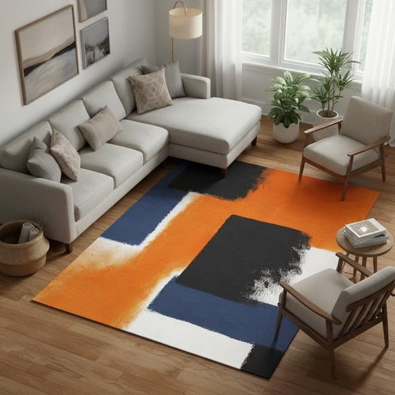Abstract Oil Painting Black Orange Blue Area Rug, Modern Industrial ...