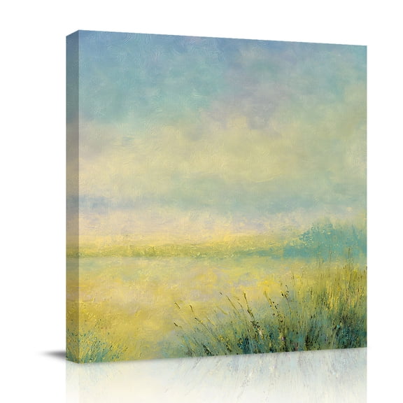 Abstract Oil Painting Canvas Wall Art for Living Room, Green Yellow Gradient Grass Field Scenery Watercolor Poster Print Painting for Bedroom Office Home Decor Wall Pictures Prepare To Hang 10"x10"