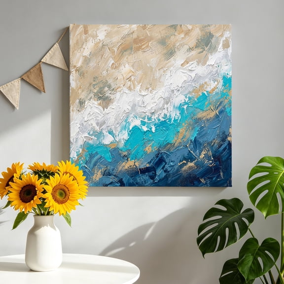 Abstract Oil Painting Canvas Wall Art, Retro Beige Blue Ombre Mottled Texture Framed Canvas Wall Decor Picture Print Artwork Decorations for Living Room Office Ready to Hang 8" x 8"