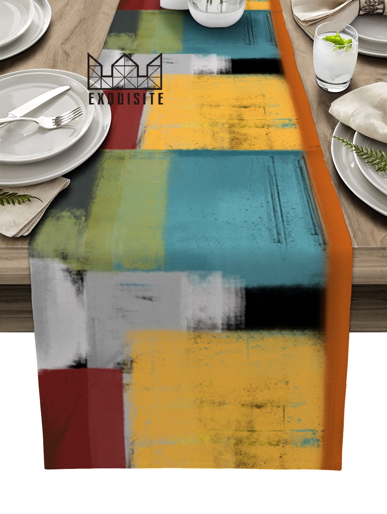 Abstract Oil Painting Color Geometry Yellow Table Runner Wedding Dining