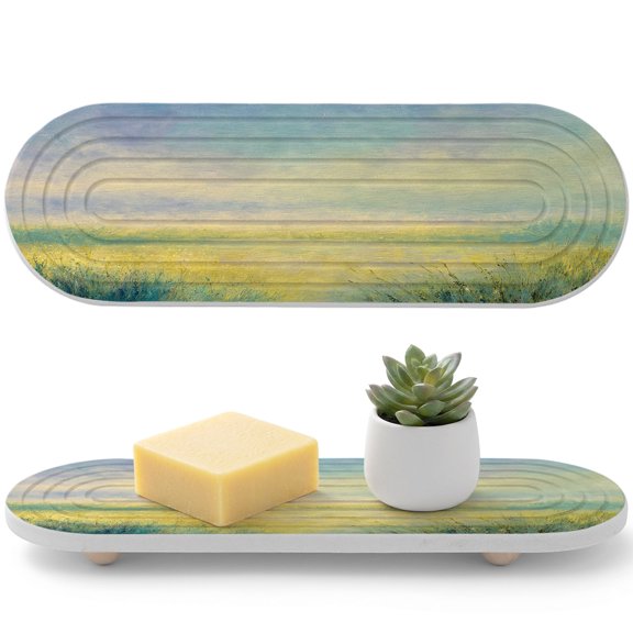 Abstract Oil Painting Diatomaceous Earth Coasters, Green Yellow Gradient Grass Field Scenery Watercolor Water Absorbent Diatomite Coaster, Bathroom Tray Stone Dish Drying Mat Kitchen Sink Tray 12x4in