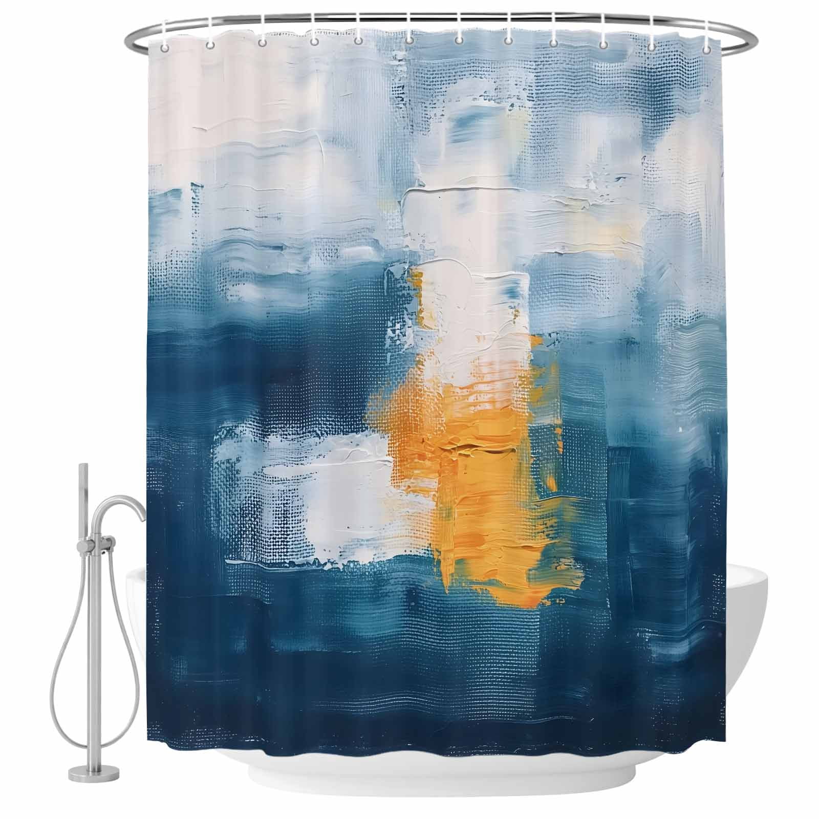 Abstract Oil Painting Fabric Shower Curtain Blue White Washable Shower ...