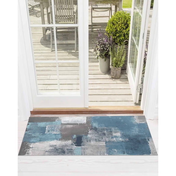 Abstract Oil Painting Front Door Mat Square Blue Smear Welcome Doormat Indoor Outdoor Entrance Floor Mat Non-Slip Washable Runner Rug for Front Porch Decor 24x71 Inch