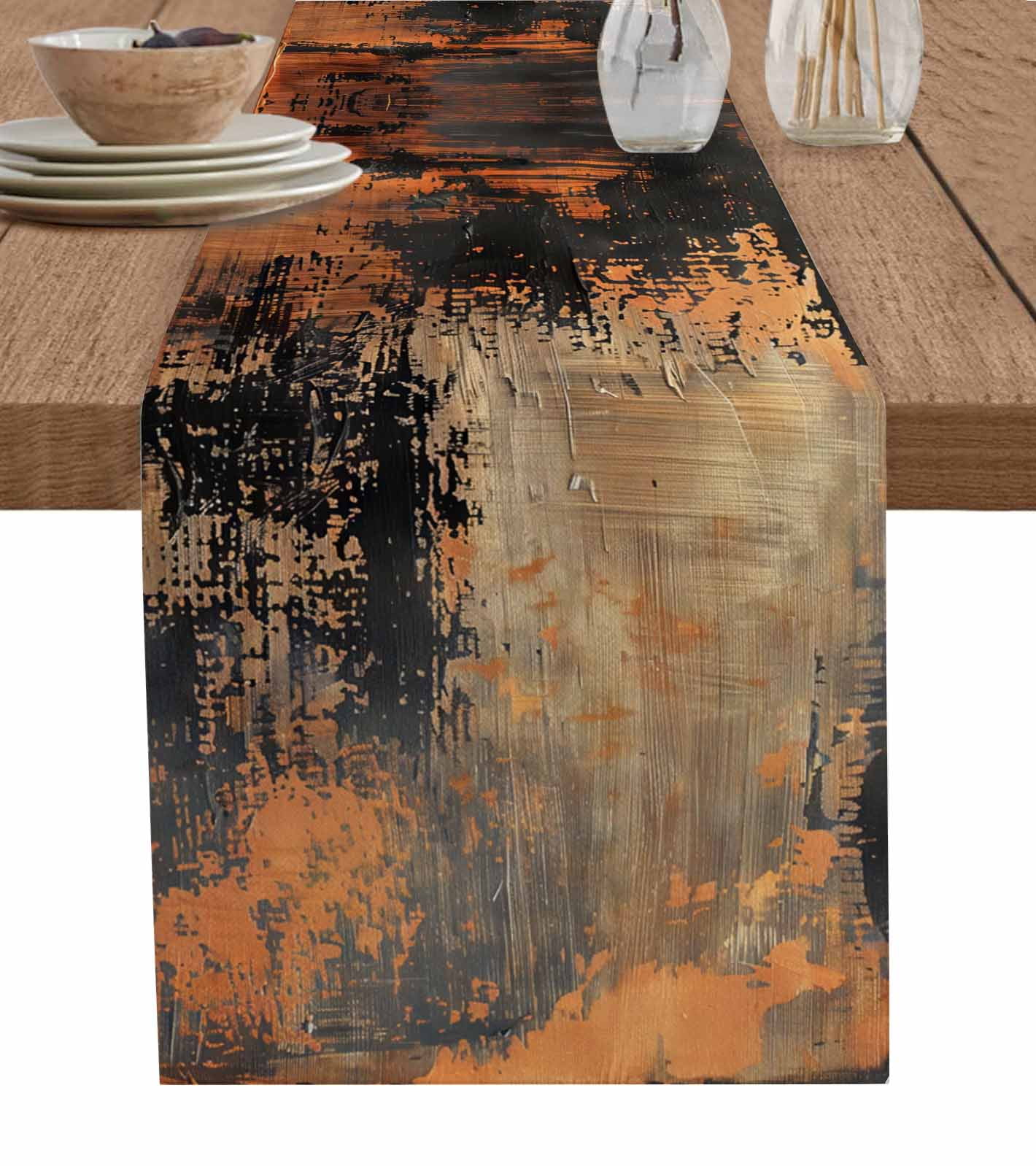 Abstract Oil Painting Graffiti Orange Black Table Runners for Dining