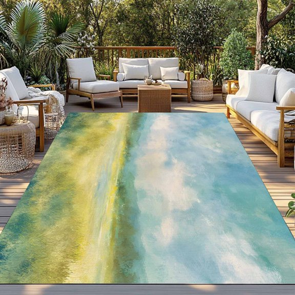 Abstract Oil Painting Indoor Outdoor Rugs 3x5 Ft, Green Yellow Field Mountain Scenery Watercolor Outdoor Patio Rugs Mat Washable Outside Area Rugs Carpet for Porch Deck RV Camping Pool Balcony