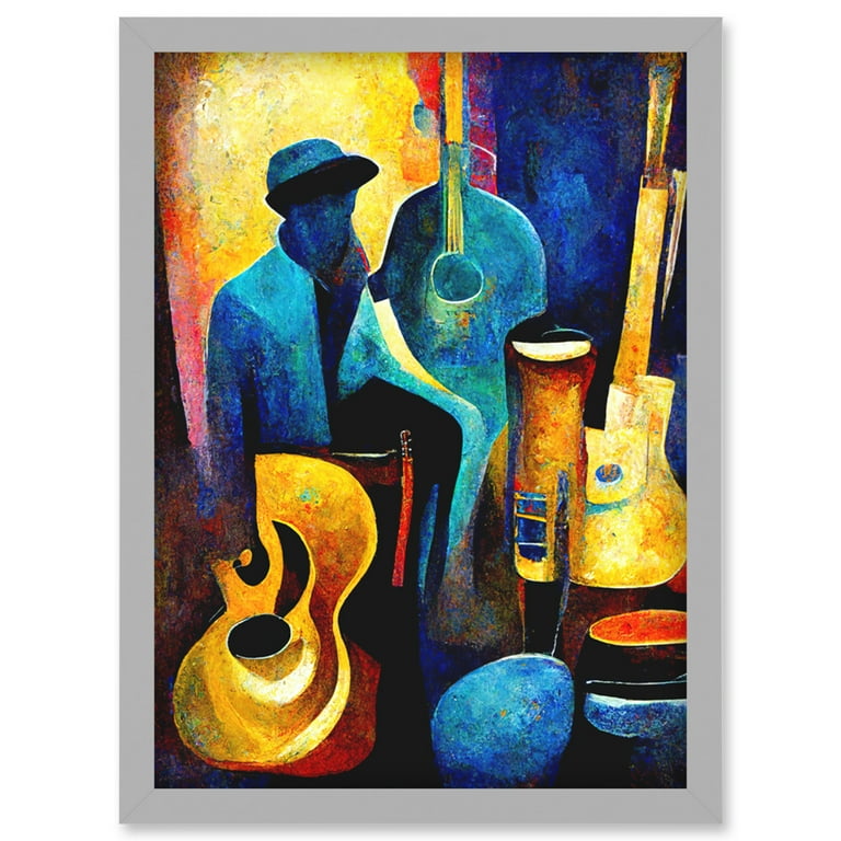 Abstract Oil Painting Jazz Blues Musician With Instruments