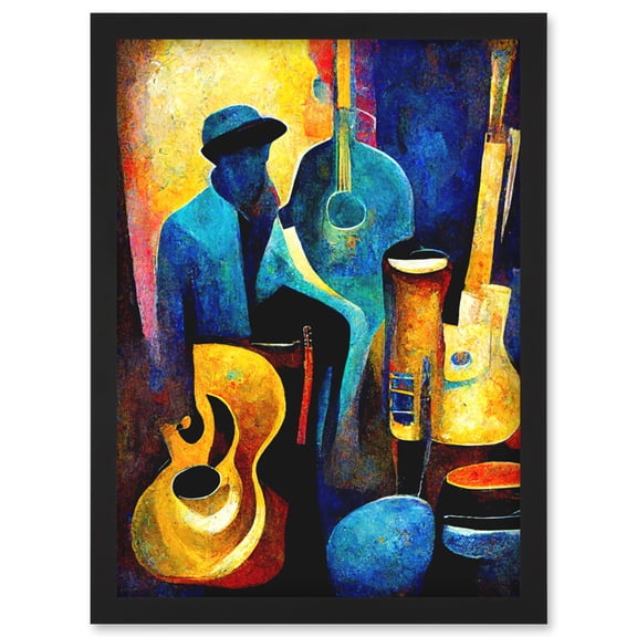 Abstract Oil Painting Jazz Blues Musician With Instruments Artwork Framed Wall Art Print A4