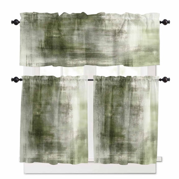 Abstract Oil Painting Kitchen Curtains Valance and Tier Set Vintage Green Collage Texture Rod Pocket Short Curtains for Small Window 3 Pieces Set for Bedroom Bathroom Cafe (54" x 18"+27" x 24")