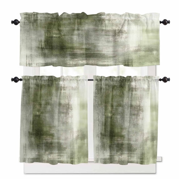 Abstract Oil Painting Kitchen Curtains and Valances Set, Vintage Green Collage Texture Rod Pocket Window Valance 18 Inch Window Curtain Panels for Living Room Bedroom Laundry, 27.5x36in, 3 Pieces