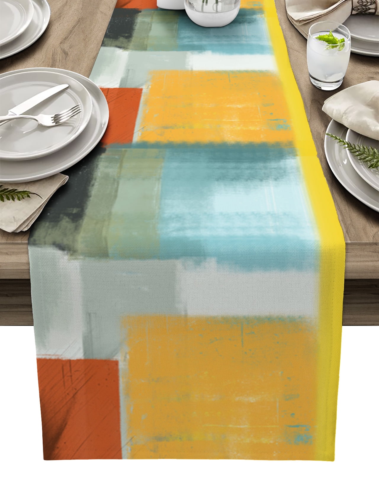Abstract Oil Painting Orange Color Geometric Table Runner Wedding