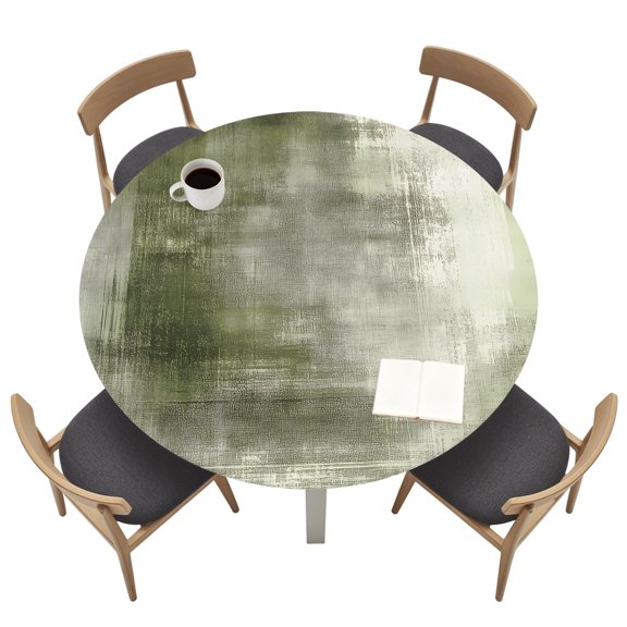 Abstract Oil Painting Round Fitted Tablecloth Vintage Green Collage Texture Elastic Table Cloth Waterproof Oil Proof Table Cover Fits 36"-44" Round Tables for Party Picnic Dinner Decor