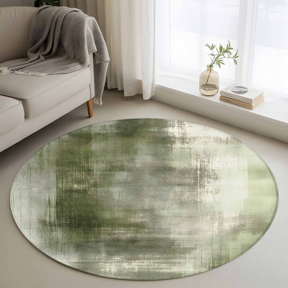Abstract Oil Painting Round Rugs for Living Room 3ft Vintage Green Collage Texture Non Slip Circle Rug Washable Low-Profile Indoor Carpet for Bedroom, Dining Room, Bathroom