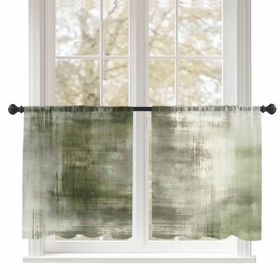 Abstract Oil Painting Sheer Curtains 45 inches Long 2 Panels Set Vintage Green Collage Texture Tiers Sheers Rod Pocket Small Window Short Curtains for Kitchen Cafe, Each 52" W x 45" L