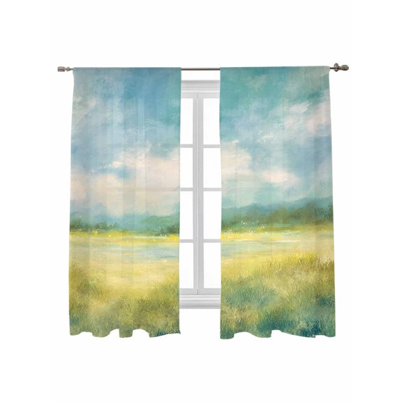 Abstract Oil Painting Sheer Curtains 63 Inch Long 2 Panels, Green Yellow Field Mountain Scenery Watercolor Light Filtering Rod Pocket Semi Sheer Curtains, Sheer Voile Drapes for Living Room, 52"x63"