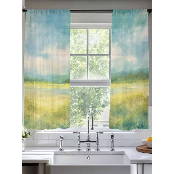 Abstract Oil Painting Sheer Curtains 72 Inches Long 2 Panels Green Yellow Field Mountain Scenery Watercolor Light Filtering Semi Sheer Window Curtains Drapes for Bedroom Living Room 52"x72"