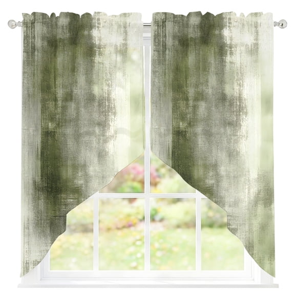 Abstract Oil Painting Sheer Curtains Swag Valances for Windows Vintage Green Collage Texture Rod Pocket Swag Curtain Small Window Curtain for Kitchen Living Room Bedroom, 1 Pair 28"W x 36"L
