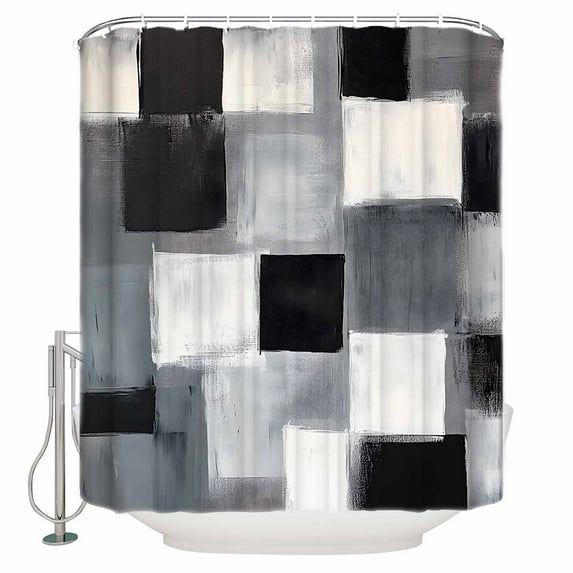 Abstract Oil Painting Shower Curtain, 72" x 72", Black White Grey Watercolor Modern Art Waterproof Bathroom Curtain Washable Shower Curtain Set with 12 Hooks