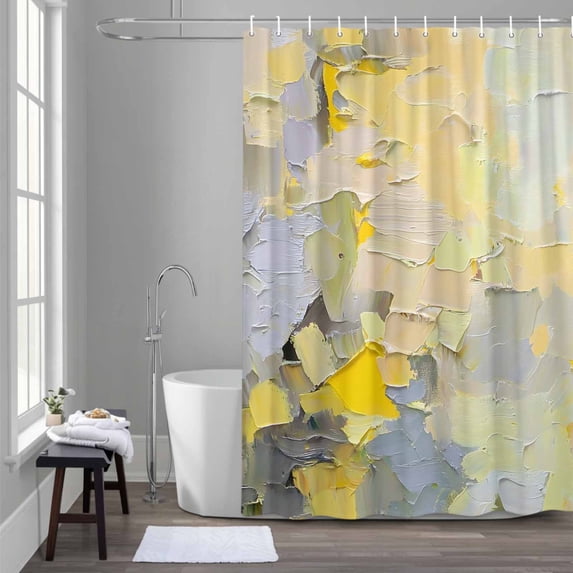 Abstract Oil Painting Shower Curtain for Bathroom Decor, Simple Yellow Green Color Block Modern Style Waterproof Fabric Shower Curtain, 60"x72" Set with 12 Hooks