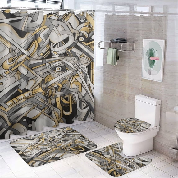 Abstract Oil Painting Shower Curtain Sets with Rugs 4 Piece Rustic