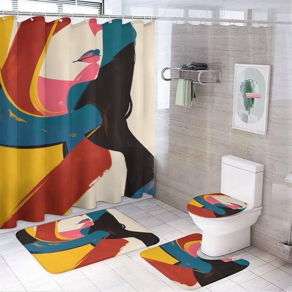 Abstract Oil Painting Shower Curtain Sets with Rugs 4 Piece Rustic