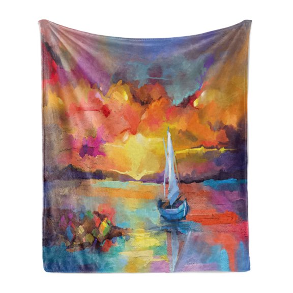 Abstract Oil Painting Soft Flannel Fleece Throw Blanket, Impressionism Image of Seascape Paintings with Sun Rays Background, Cozy Plush for Indoor and Outdoor Use, 50" x 70", Multicolor, by Ambesonne