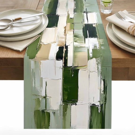 Abstract Oil Painting Table Runner 13x36 inch Modern Art Green Beige Graffiti Cotton Linen Dining Table Runner Ideal for Dresser Kitchen Coffee Tables - Machine Washable