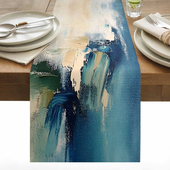 Abstract Oil Painting Table Runner 13x36 inch Watercolor Beige Blue Graffiti Cotton Linen Dining Table Runner Ideal for Dresser Kitchen Coffee Tables - Machine Washable