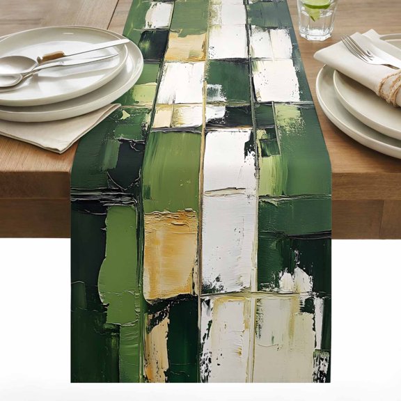 Abstract Oil Painting Table Runner 13x36 inch Watercolor Beige Green Graffiti Cotton Linen Dining Table Runner Ideal for Dresser Kitchen Coffee Tables - Machine Washable