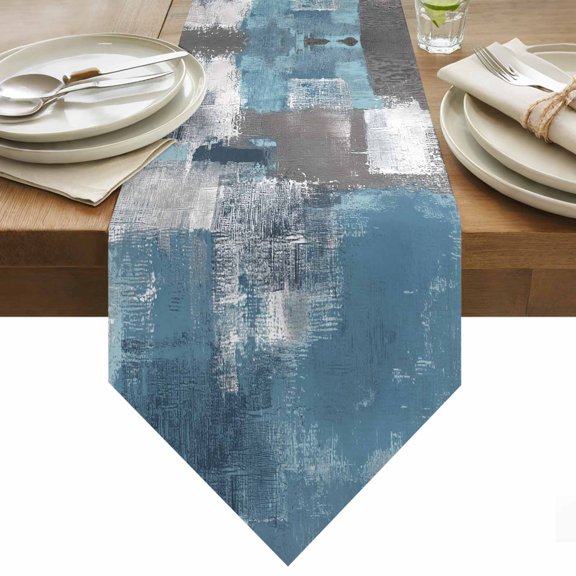 Abstract Oil Painting Table Runner 70 Inches Long Square Blue Smear Table Runners for Dining Room Tabletop Dresser Scarf Home Party Banquet Wedding Holiday Decoration