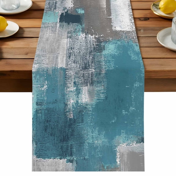 Abstract Oil Painting Table Runner, Square Blue Green Smear Cotton Linen Table Cloth, Tablerunner for Kitchen Dining Party Wedding Home Decor 13x36 Inch