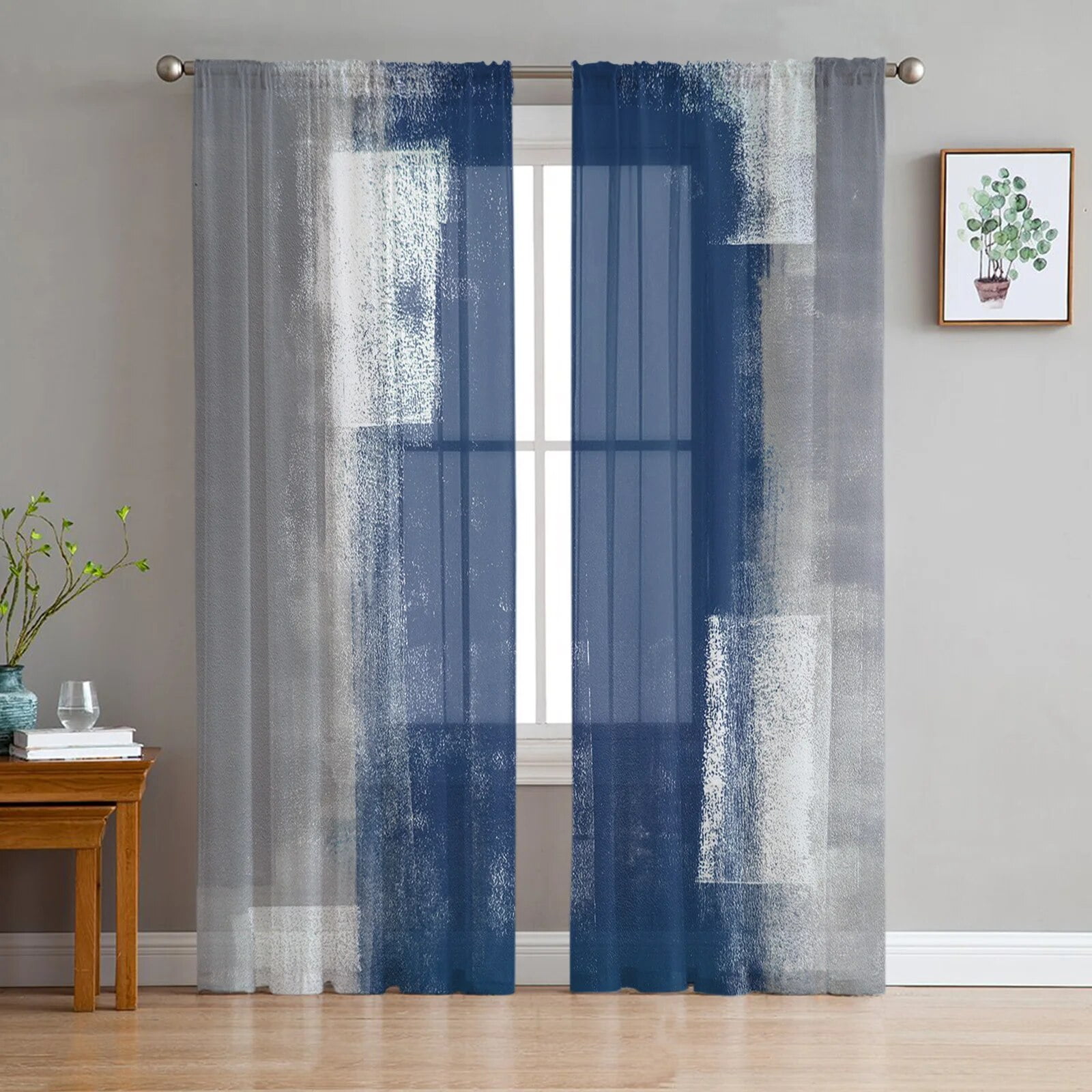 Abstract Oil Painting Texture Blue Grey Tulle Curtains Living Room