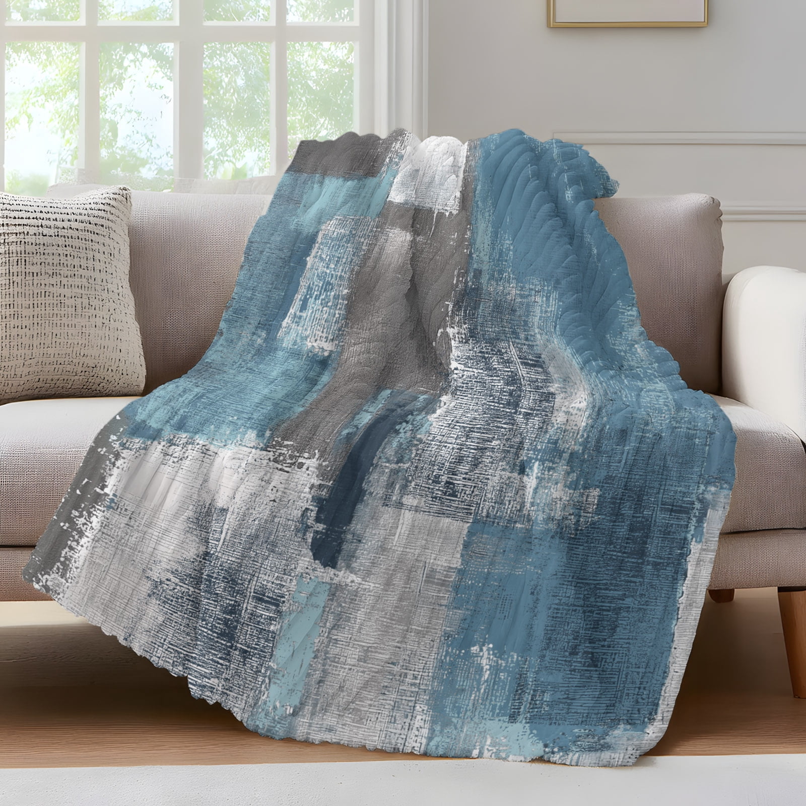 Abstract Oil Painting Throw Blanket for Couch Square Blue Smear Soft and Warm Flannel 3D Striped Fluffy Fuzzy Fleece Blanket Lightweight Throw for Bed, Sofa 50 x 60 Inches