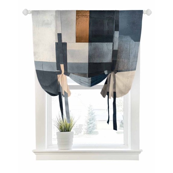 Abstract Oil Painting Tie Up Curtains for Window, Thermal Insulated Balloon Shade Adjustable Rod Pocket Curtains Valance Panels for Kitchen Bathroom Cafe 52 x 45 Farmhouse Black Blue Geometric
