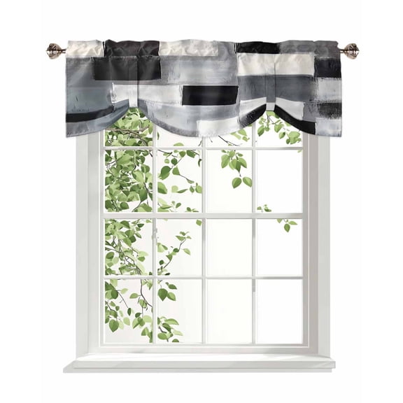 Abstract Oil Painting Tie Up Valances Curtain, Black White Grey Watercolor Modern Art Kitchen Valances for Windows Decor, Rod Pocket Short Curtains Set for Bedroom/Bathroom, 54"x18"