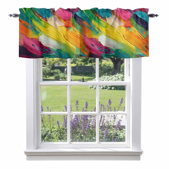 Abstract Oil Painting Valances for Windows, Rainbow Pigment Art Valance Window Treatment Rod Pocket Short Curtains Valances for Kitchen Bathroom 60"W x 14"L