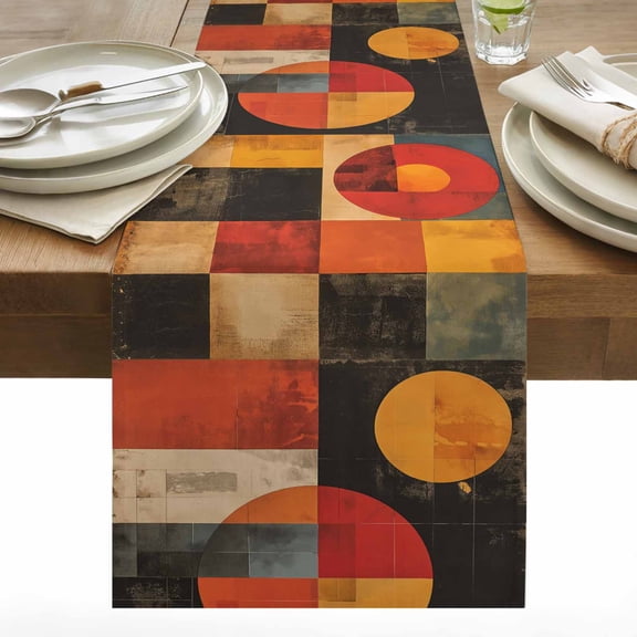 Abstract Oil Table Runner 13x108 inch Painting Retro Geometric Orange Cotton Linen Dining Table Runner Ideal for Dresser Kitchen Coffee Tables - Machine Washable